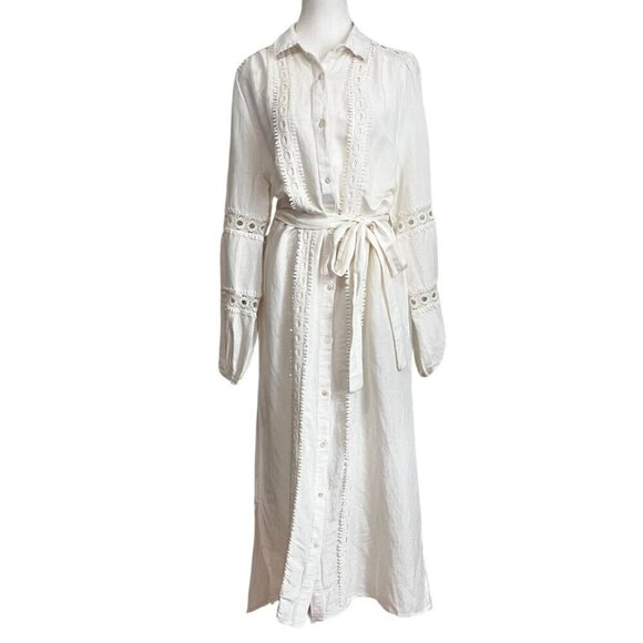 NWT CAROLINE CONSTAS IVORY WHITE LINEN BLEND EMBROIDERED BELTED MAXI SHIRT DRESS - Picture 1 of 13